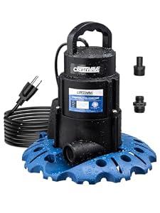 CrestWave 1/ 3HP Auto Pool Cover Pump, 2950GPH Submersible Sump – Fast Draining | Clog-Resistant Dual Filter for Leaves, for In/ Above Ground Pools, Hot Tubs, Basements | 25ft UL Cord, 3/ 4" GHT Adapters