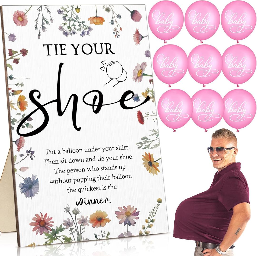 Roowest 51 Pcs Tie Your Shoe Baby Shower Game Sign Wooden Sign Greenery Gift Sets Gender Reveal Party Favors 50 Balloons Latex Balloons for Game Supplies (Pink,Wildflowers)