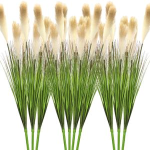 Geosar 10 Pack Artificial Plants Outdoor 33 Inch Artificial Grass Fake Grass Tall Onion Grassing Greenery Faux Greenery Stem Green Shrub Plastic Small Bushes for Room Gardening Indoor(Off-White)