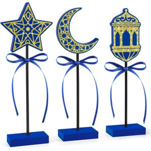 3 PCS Ramadan Table Decorations Wooden Eid Mubarak Signs Rustic Islamic Ramadan Tiered Tray Decor for Muslim Party Home Kitchen Decor (Blue.Shiny)