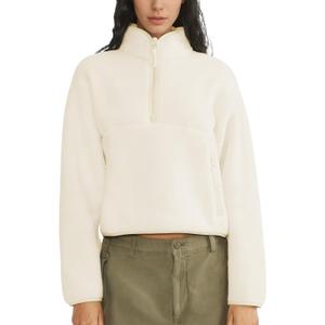 Womens Fleece Sweatshirts Cropped Half Zip Fuzzy Warm Sherpa Pullover Varsity Jackets with Zipper Pockets (Small, Beige)