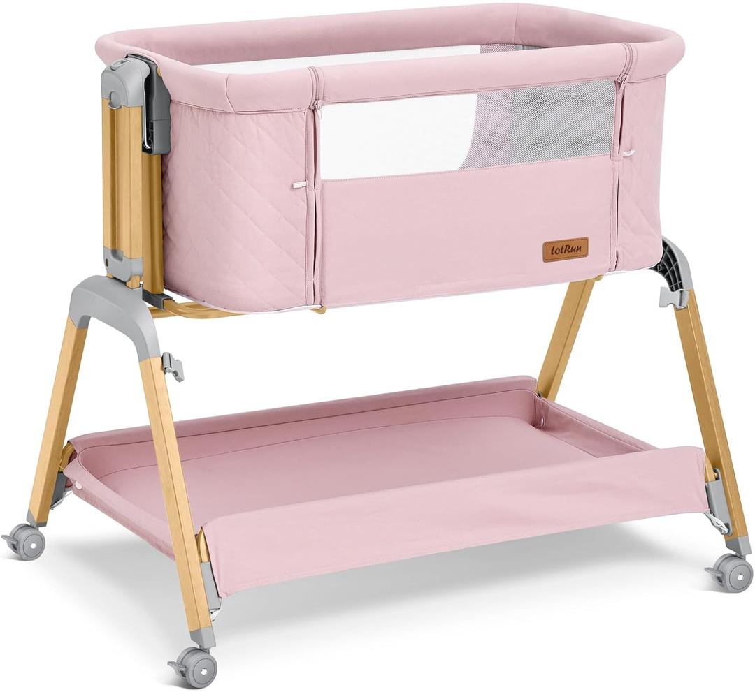 Bassinet Bedside Sleeper, Rocking Bassinets with Comfy Mattress and Wheels for Newborn, 5-Height Adjustable (Pink)