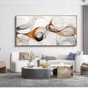 KLAKLA Modern Abstract Gray and Brown Designs - Colorful Curves and Translucent Medium - Frame Wall for Living Room Office Wall Decor Picture Artwork for walls (48L" x 24W", White + Orange Frame)