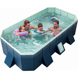 Foldable Non-Inflatable Swimming Pool for Kids Adults Family Hard Plastic Shell Collapsible Rectangle Swimming Pool for Backyard Outside Portable Dog (Dark Blue, 295cm)