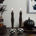 WDS WONDROUS Halloween Flameless Candles Set of 2, Black LED Battery Operated Black Candlesticks with Cat Design, Fake Tapered Candles with Remote for Halloween Decor & Table Centerpieces