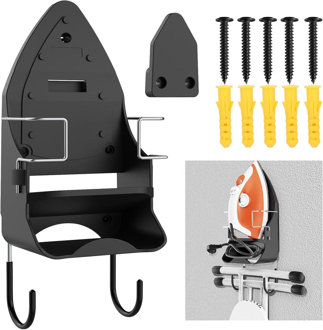 Wall Mount Iron,Ironing Board Hanger for Household Bathroom and Laundry Room, Electric Iron Holder with Hook-for Max 5.4" (Black)