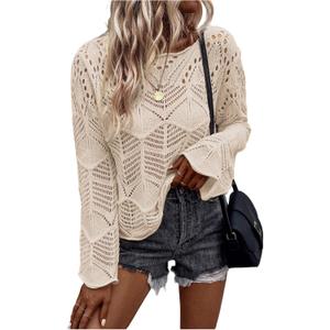 BEAUDRM Women's Crochet Sweater Hollow Out Lightweight Sweaters Crew Neck Long Sleeve Casual Pullover Knit Top Khaki Large