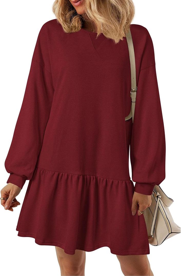 PRETTYGARDEN Womens Patchwork Sweatshirt Dress 2025 Fall Casual Long Sleeve Crewneck Pullover Cute Babydoll Mini Dresses (Wine Red,Small)