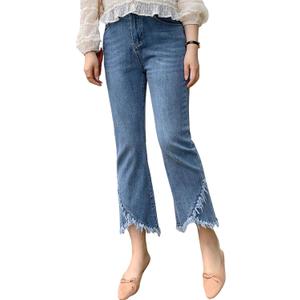 CHARTOU Women Cute Stretch Denim Jeans Ripped Distressed Frayed Hem Denim Pants Tassel Fringe Cropped Jeans (Medium, Blue)