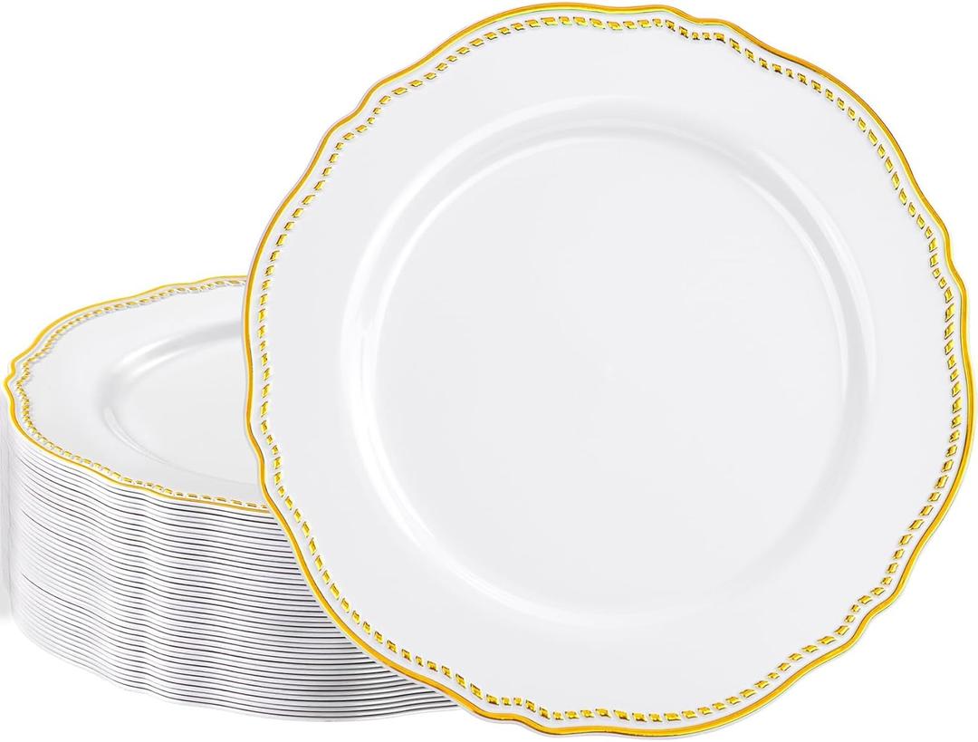 Hioasis 60pcs Gold Plastic Plates - White and Gold Disposable Dinnerware with Gold Rim, Heavy-duty, 10 inch, Dinner Plates for Party & Wedding