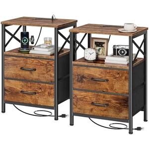 Huuger Nightstands Set of 2, Night Stand with Charger Station, 2 Drawer Side Table with Open Shelf, USB-C Port, End Table for Small Spaces, X Shaped Side Rail, Rustic Brown