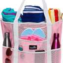 Dejaroo: Mesh Sand Free Bag - Strong Lightweight Tote For Beach & Vacation Essentials. Tons of Storage with 8 Pockets, Foldable, 17x9x15 inches, Pastel Pink with White Strap