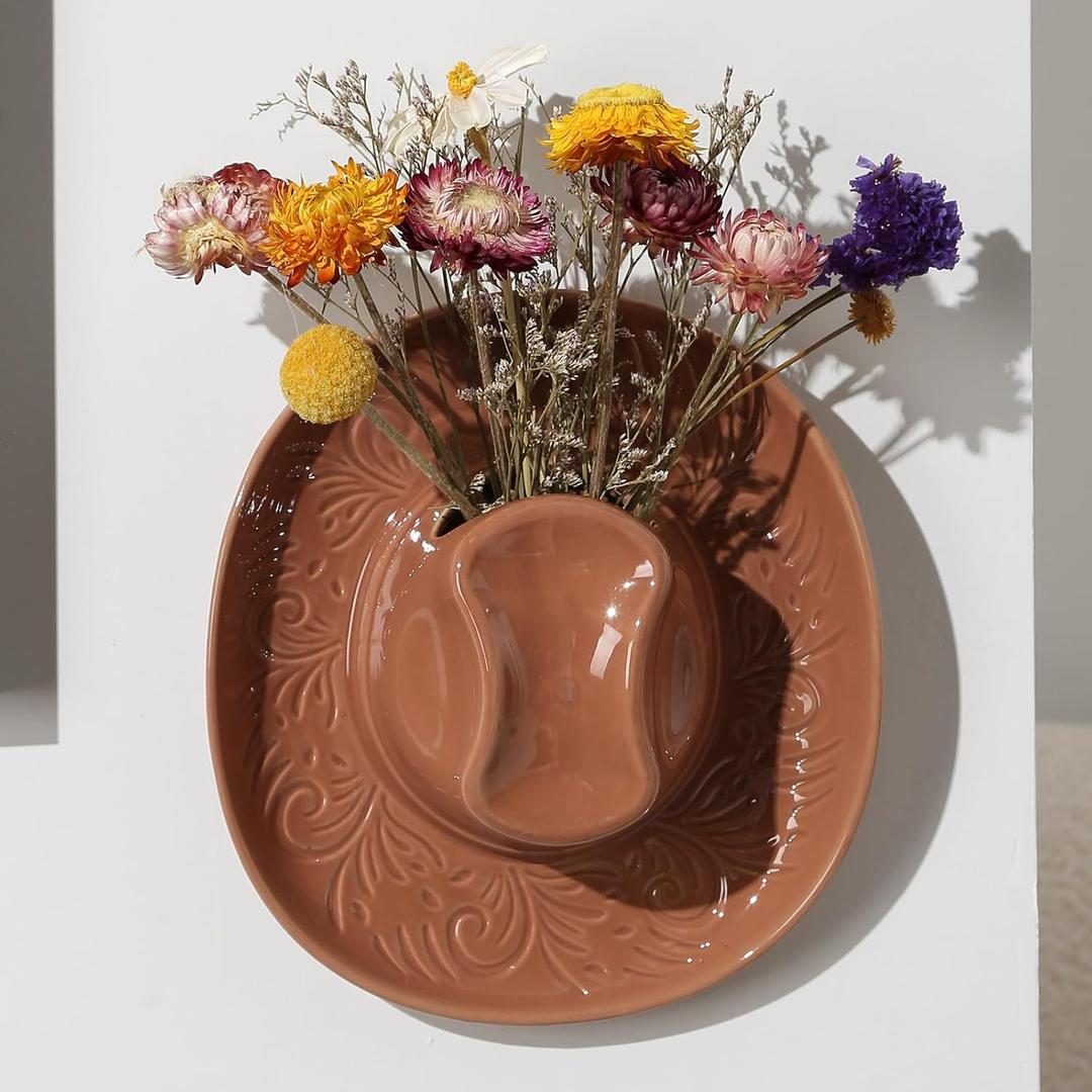 Hanging Wall Planters for Indoor Plants, Wall Vases for Flowers, Ceramic Cowboy Hat Vases for Decor, for Bathroom, Living Room, Office, and Home Decor. Brown (Small)
