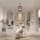 BHG Metal No-Assembly Freestanding Dog Gate with Door Walk Through, Extra Wide 96", Extra Tall 32" Pet Gate, Accordion Puppy Folding Playpen Dog Fence, with 4PCS Support (White, 8 Panels)