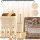 32PCS Bathroom Sets with Shower Curtain and Rugs Beige Bathroom Accessories Set Shower Curtain Set 3PCS Lotion Soap Dispenser Bathroom Accessories with Black Bathroom Decor