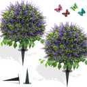 28" Artificial Boxwood Topiary Ball with Lavender, UV Resistant Topiary Tree Faux Boxwood Ball Shaped Porch Bushes with Ground Spike Artificial Bushes for Outdoors Front Door Decor Home Garden