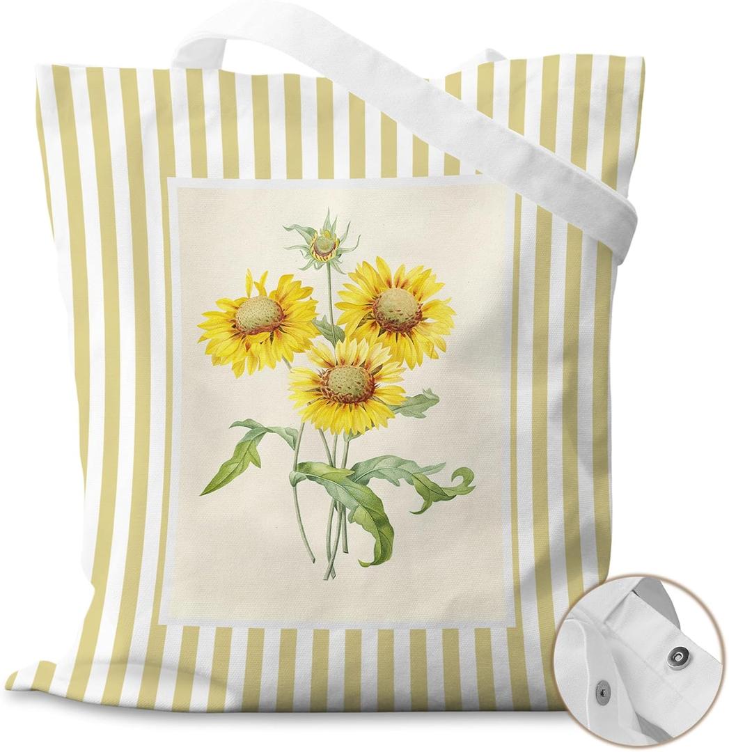 Yellow Striped Sunflower Canvas Tote Bag for Books, Travel & Daily Use, Magnetic Buckle, 16x14 Inch
