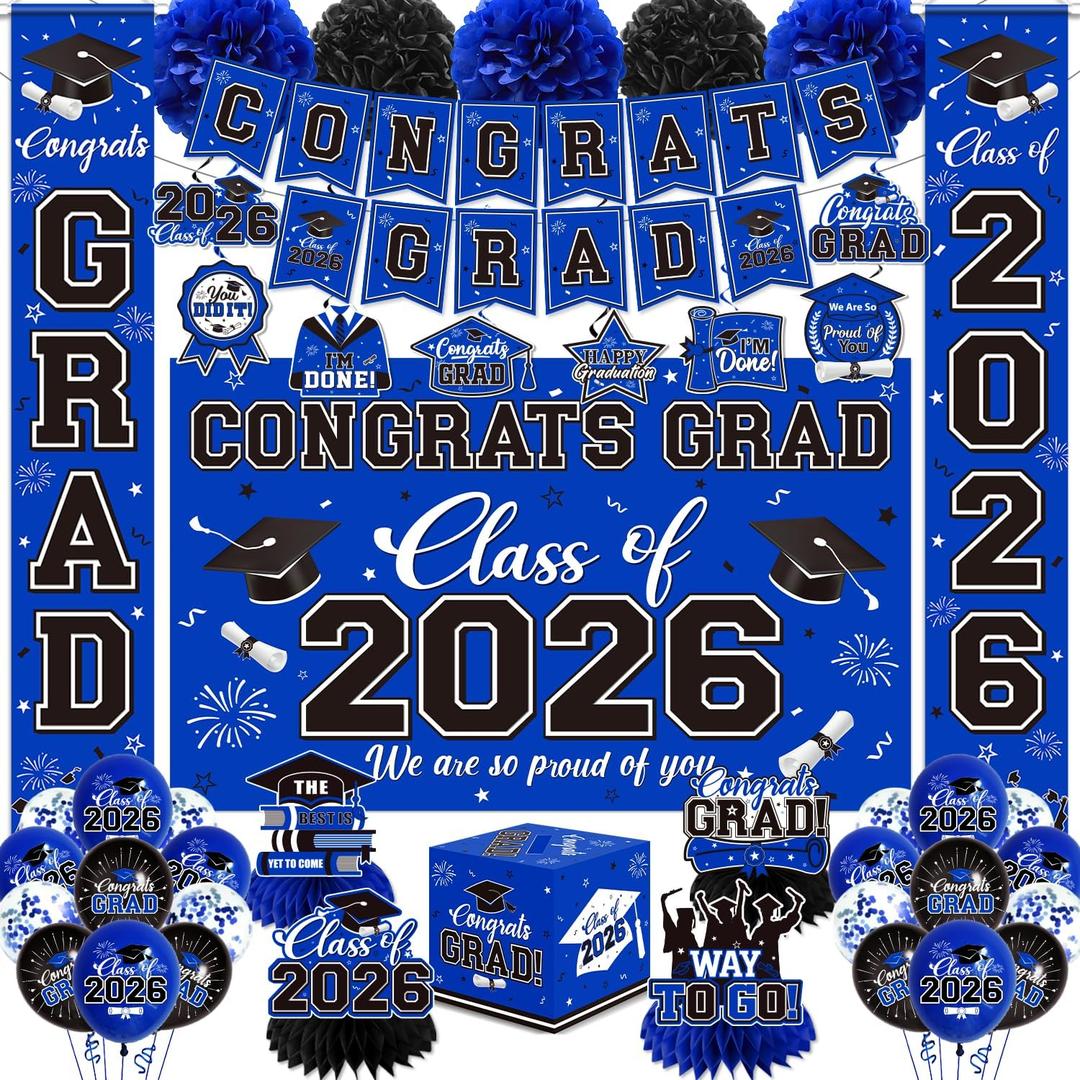 Graduation Decorations 2026 Blue Party Decor Set with Congrats Grad Banner, Class of 2026 Backdrop, Balloons, Box & Streamers Supplies for High School & College Celebrations