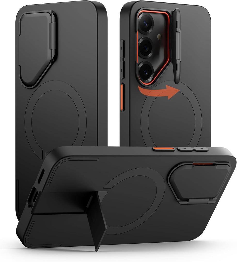 SURITCH for Samsung Galaxy S25+ Plus Phone Case, Magnetic Shockproof Protective Cover with Camera Cover & Adjustable Metal Kickstand for Galaxy S25+ Plus(2025)-Black