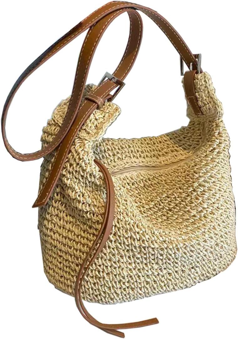 Gets Handwoven Round Rattan Bag Straw Crossbody Shoulder Bag for Women Bohemian Straw Tote Bag Beach Carrying Handbag (887866 Beige)