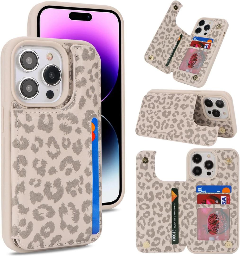 iCoverCase Compatible with iPhone 14 Pro Max Phone Case with Card Holder, Wallet Case for Women Men RFID Blocking PU Leather Protective Case 6.7 Inch (Beige Leopard)