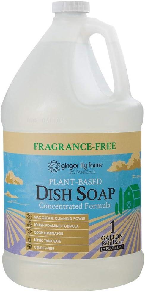 Ginger Lily Farms Botanicals PlantBased Liquid Dish Soap, Concentrated Formula with Max Grease Cleaning Power, CrueltyFree, FragranceFree, 1 Gallon Refill (128 Fl. Oz.), Clear