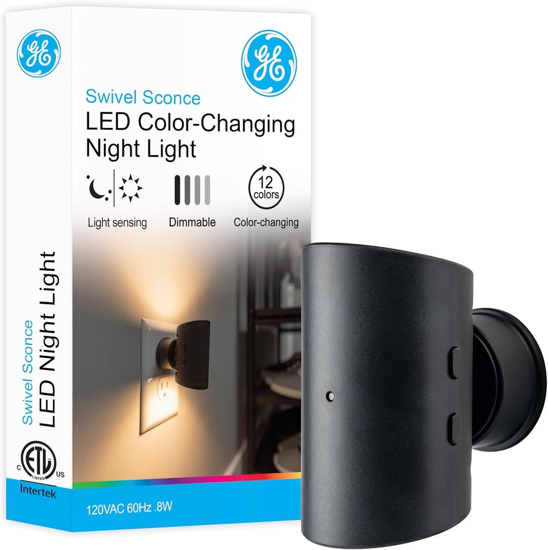 GE Directional LED Swivel Sconce Night Light, Plug-in, Color-Changing & Dimmable, Warm White, Dusk-to-Dawn Sensor, Adjustable for Hallway, Bedroom, Stairway 1 Pack (82573)