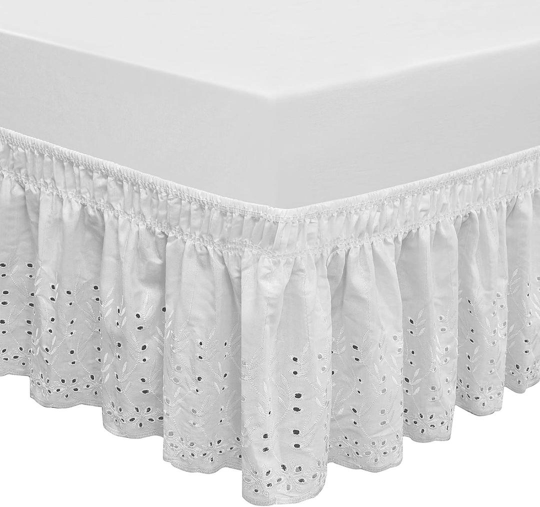 Wrap Around Elastic Eyelet Bed Skirts 14 1/2 Inches Drop Dust Ruffle Three Fabric Sides Easy On/Easy Off Adjustable Polyester Cotton(White Queen/King)