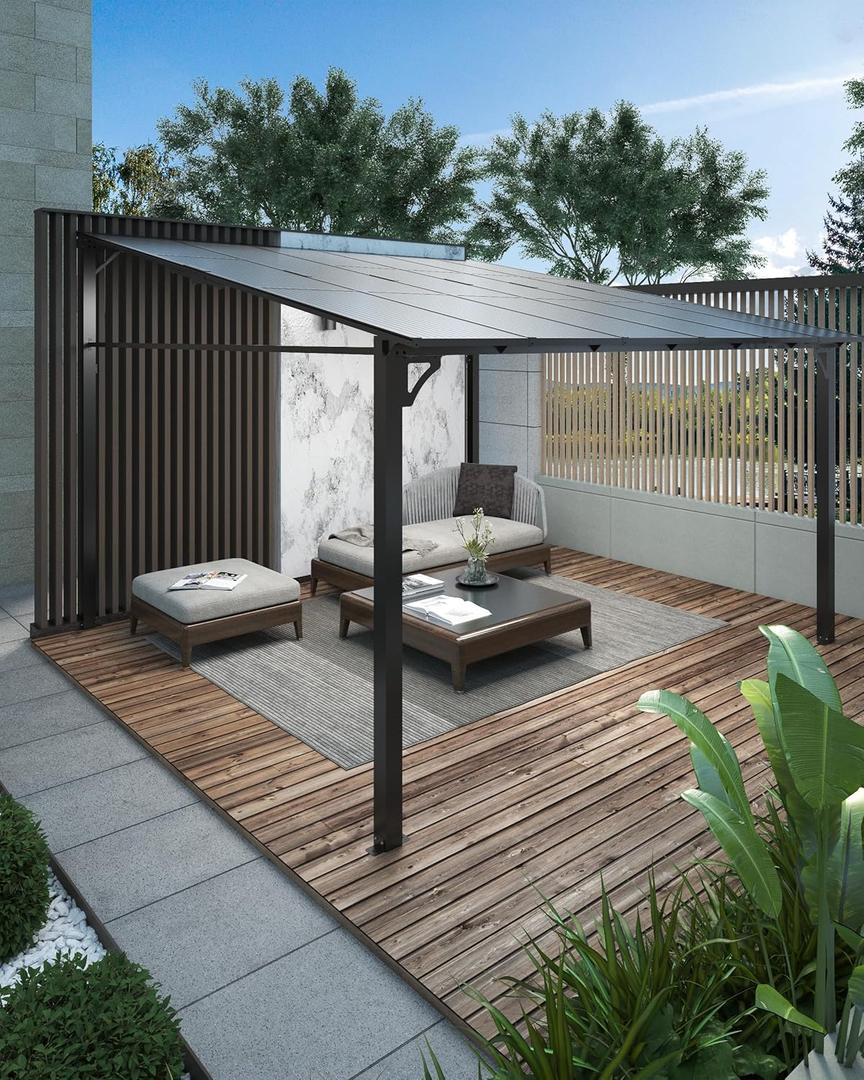 GAOMON Gazebo for Patio, Wall Mounted Lean to Gazebo Pergola with Sloped Roof Heavy Duty Large Hardtop Attached Pergola on Clearance for Porch, Decks, Backyard to Shade and Rain (Dark Brown, 10x10 Ft)