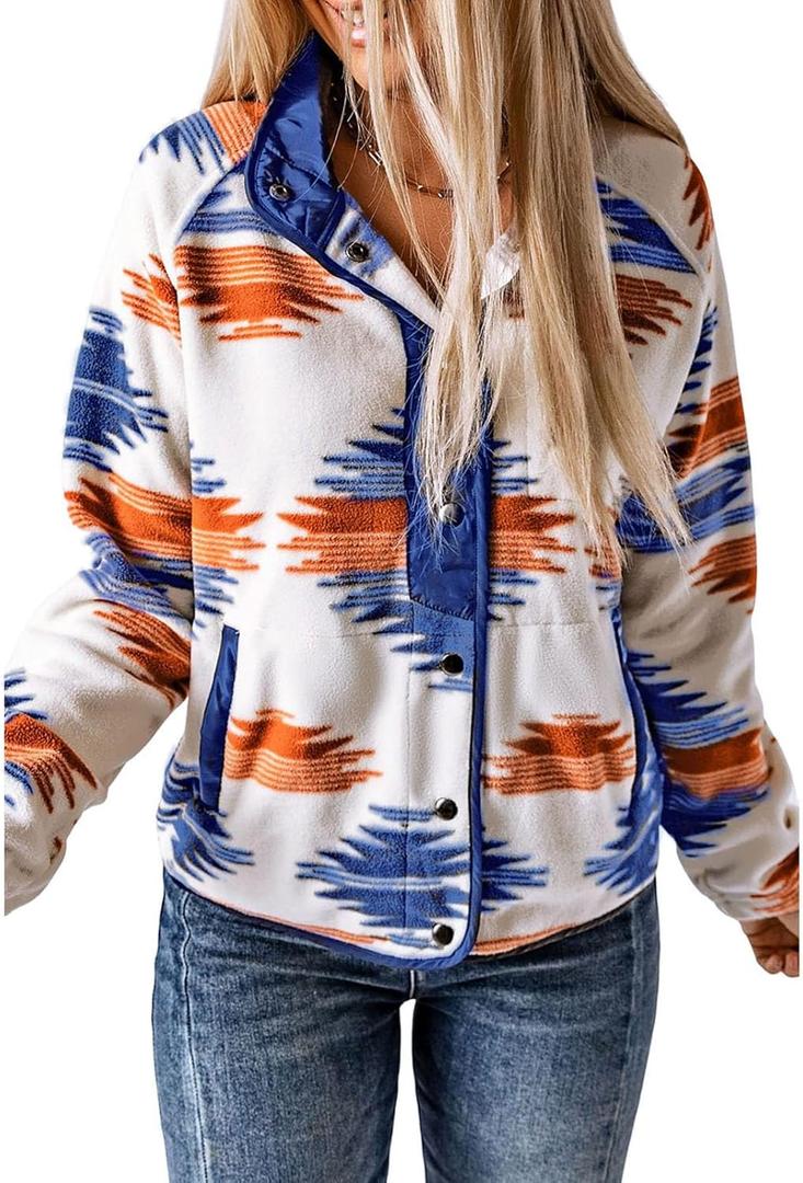 SELINK Womens Fleece Jacket Western Aztec Print Long Sleeve Snap Button Down Shacket Jackets with Pockets (Large, Royal Blue)