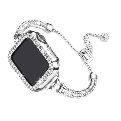 Secbolt Bling Bands Compatible with Apple Watch Band Series 7 41mm with Case, Women Dressy Metal Bracelet with Rhinestone Bumper for iWatch 7, Silver