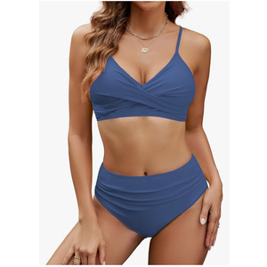Edelqual Women's High Waisted Bikini Sets Two Piece Swimsuit Tummy Control Bathing Suit V Neck Swimwear 2025 Swim Suit Blue XL