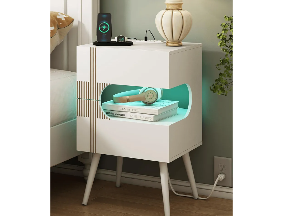 White Nightstand with Charging Station and LED Lights,Modern Bedside Table with 2 Storage Drawer,Night Stand with Solid Wood Legs,White (White-2)