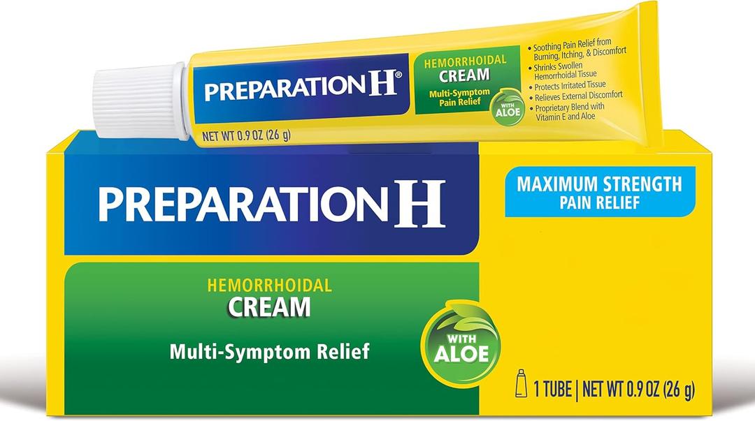 Preparation H Hemorrhoid Symptom Treatment Cream (0.9 Ounce Tube), Maximum Strength Multi-Symptom Pain Relief with Aloe