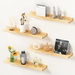 Picture Ledge Shelf, 16 inch Solid Pine Wood Floating Shelves, Floating Book Shelves for Living Room Bedroom Kitchen Decor, Natural Unfinished, No Stain, DIY, Set of 4 (Maple Wood, 4Pack 16inch)