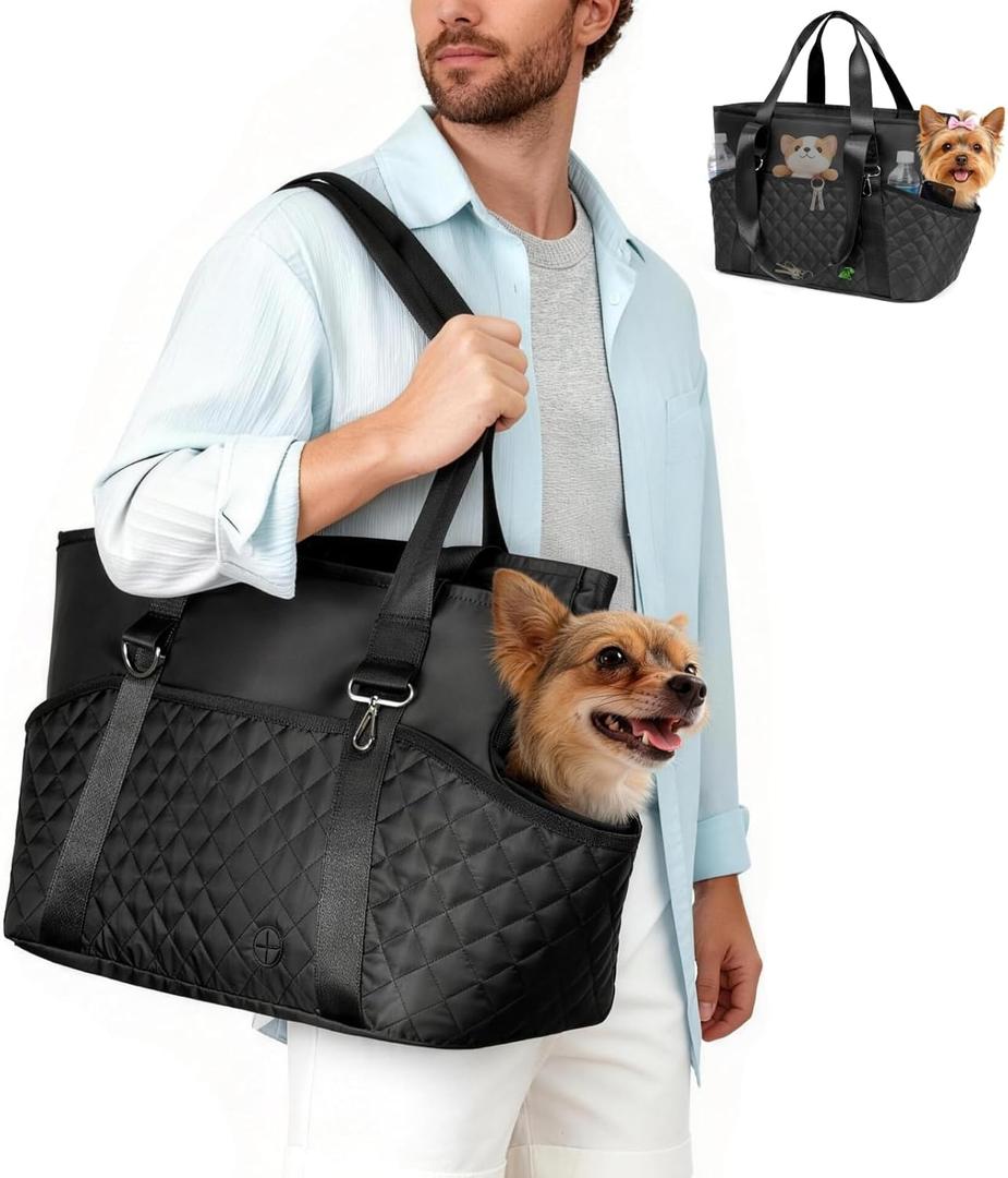 YUDODO 4-12lbs Dog Purse Carrier, Lightweight Small Dog Carrier with Large Pockets & Safety Clip, Collapsible Pet Travel Carrier Puppy Cat Rabbit, Black