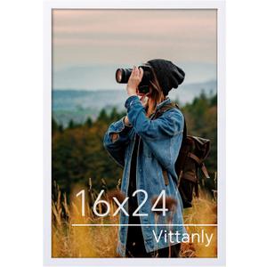 Vittanly 16x24 Poster Frame, Plexiglass, Displays Picture 12x18 with Mat or 16x24 without Mat, PVC Frame Material, Horizontal or Vertical Hanging, 1 Pack, White