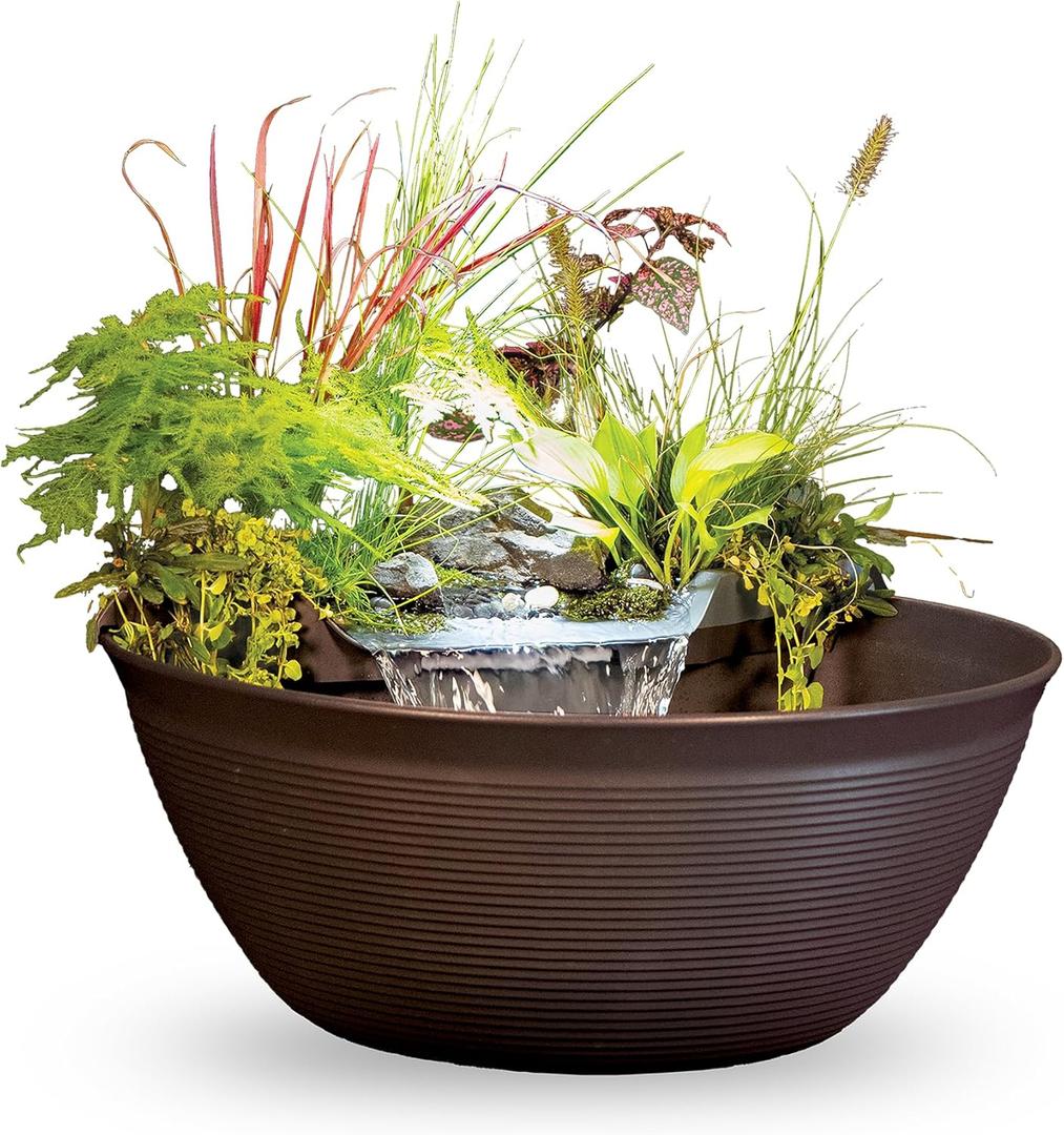 Aquascape AquaGarden Container Water Feature Kit  Indoor & Outdoor Mini Pond with Waterfall Fountain, Pump & Filtration for Home & Patio, Brown