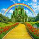 7x5FT Green Castle Yellow Brick Road Backdrop Rainbow Sky Party Banner Decorations Red Floral Photography Background Photo Booth Prop
