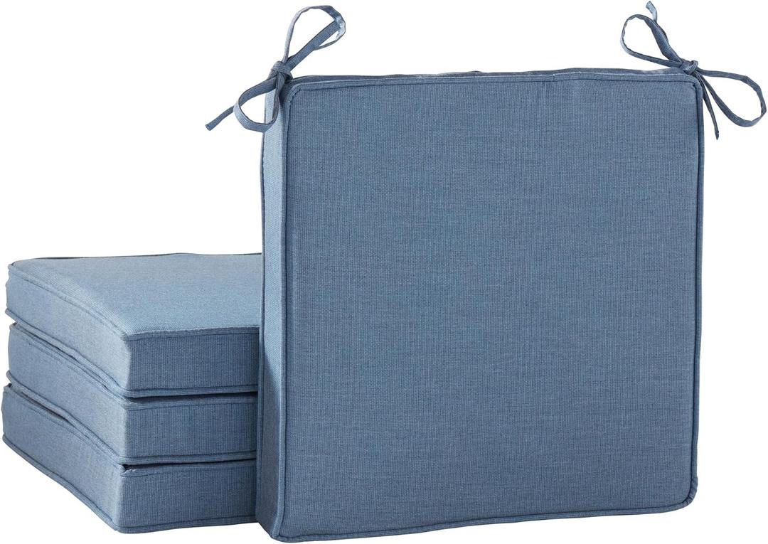 Indoor/Outdoor Chair Pads in Sunbrella Fabric – 17''x17'' Patio Seat Cushions with Foam Insert, Removable Reversible Cover & Ties for Patio Dining Chairs – Set of 2 or 4, Spectrum Denim, 4 Pack