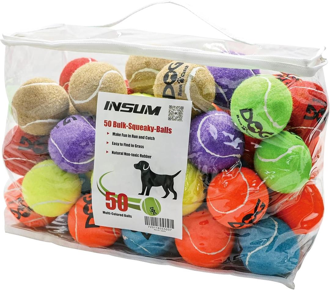 Squeaky Tennis Balls for Dogs - Bulk 50 Pack 2.5'' Durable Non-Toxic Outdoor Dog Toys Balls with Mesh Bag, SGS Certified, Colorful Fetch Toys, Medium Large Breeds (Squeaky - 6 Colors)