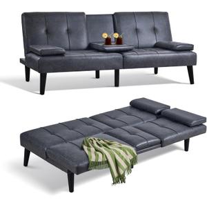 COLAMY Leather Futon Sofa Bed - Small Couch With Cup Holder, Removable Armrest, Adjustable Backrest - Convertible Lounge in Darkgrey