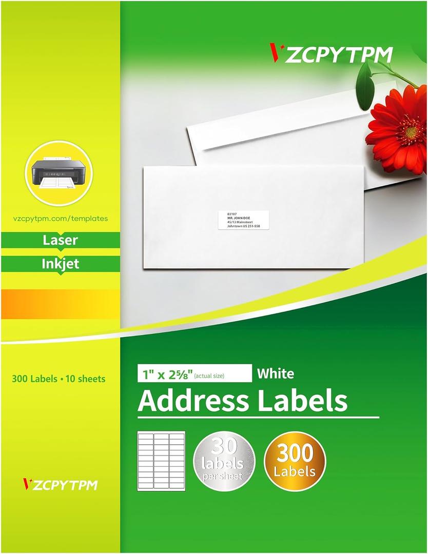 2 x VZCPYTPM Printable Address Labels,1" x 2-5/8" Sticker for Printer,300 Blank Label,Personalized Mailing,Return Address,Name Tag,Envelope Stickers for School Supplies,Home,or Office Use