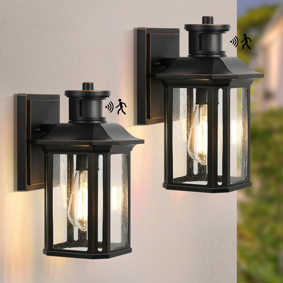 2 Pack Motion Sensor Outdoor Lights, 3 Adjustable Lighting Modes Porch Lights, Dusk to Dawn Exterior Lighting Fixture, Waterproof Outside Wall Lantern Sconce for House, Garage, Front Porch, ETL Listed (Black(Gold Trim))