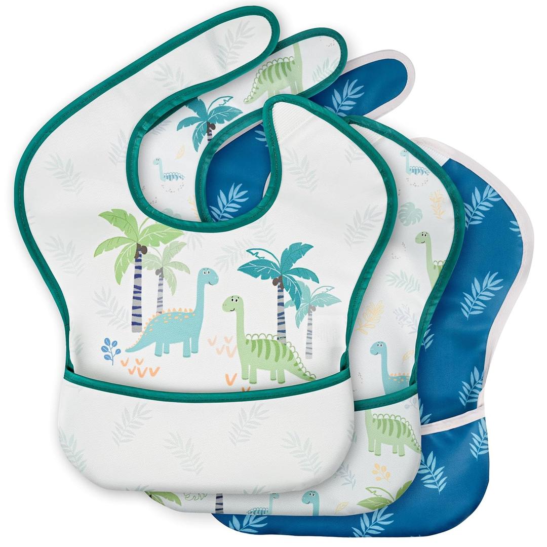 3-Pack Waterproof Baby Bibs for Eating - Mess Proof Lightweight Toddler Feeding Bibs with Large Food Catcher, Food-Grade Baby Eating Essentials, Easy to Put On & Clean (Blue Dinosaur)