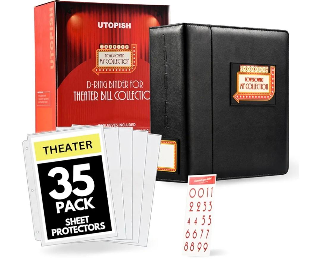 UTOPISH Show-Bill Binder with Sleeves – Large 4” Theater Program Holder with 35 Sheet Protectors and Numbering Stickers Included - Broadway Gift with Full-Color Logo and Numbering Panel