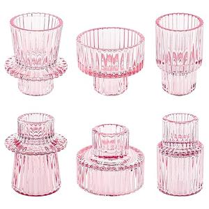 NEOEGOR Taper Votive Candle Holder for Pillar Candles Tealight, Candlestick Holder for Wedding Christmas Tea Party, Boho Ribbed Vintage Crystal Glass Table Centerpiece Decor, Bulk Set of 6 (Pink)