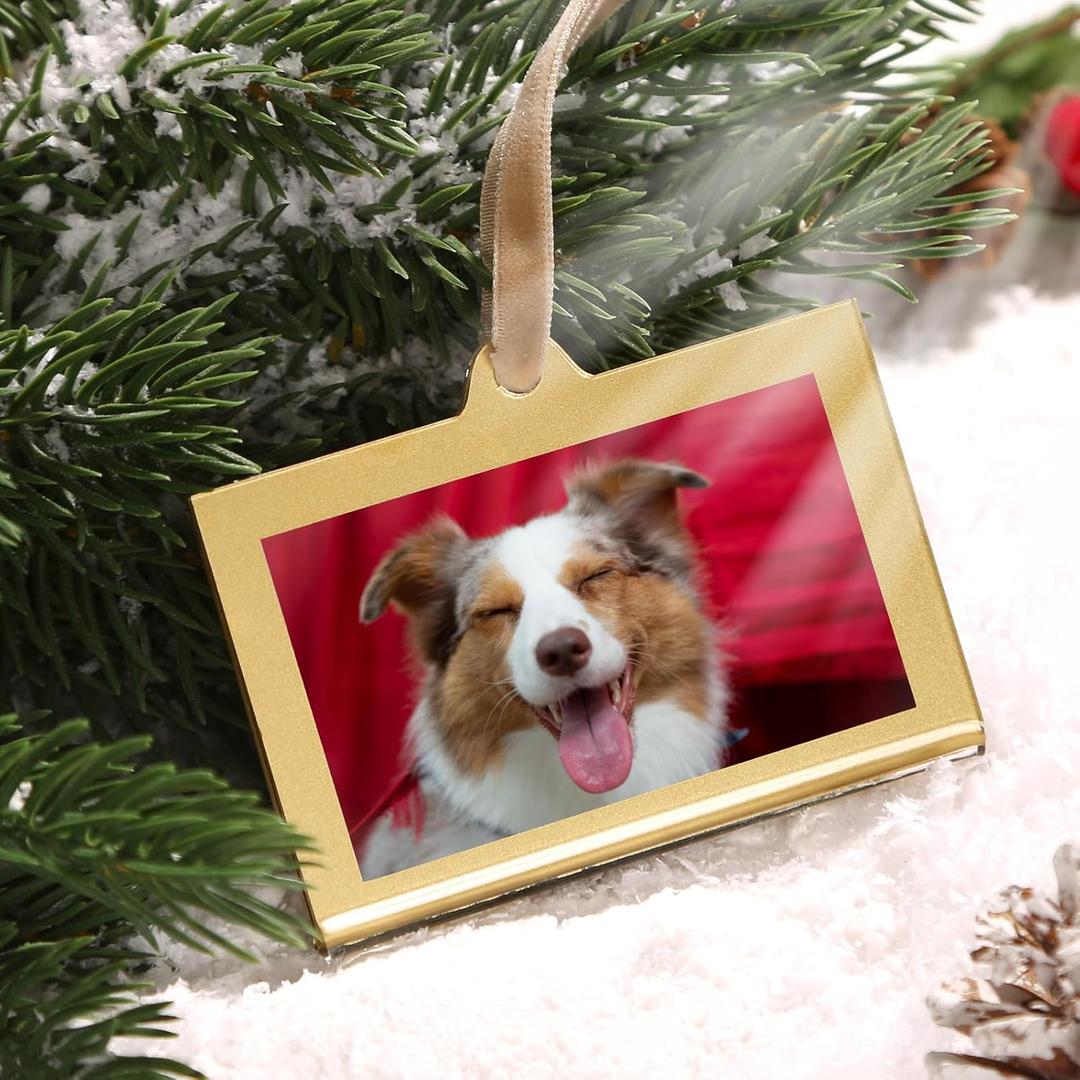 UNIQOOO 8 Set Christmas Acrylic Rectangle Photo Ornaments for Display Picture, 3"x 2" Acrylic Hanging Photo Frame, Double-Sided Picture Frames for Home, Party, Tree Decorations(Gold)