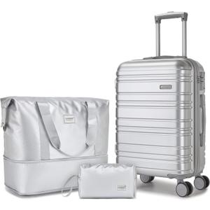 LARVENDER Carry on Luggage Sets 3 Piece, 20inch Suitcase Set, Glossy Silver