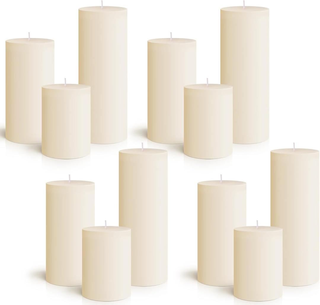 Sumind Set of 12 Pillar Candles Bulk 3"x 4", 6", 8" Dripless Unscented Poured Candles Long Clean Burning Tapers for Wedding Rustic Party Spa Bath Home Decor Relaxation All Occasions(Ivory)